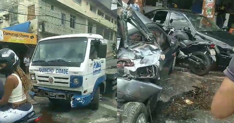 Caminhão guincho perde freio e atinge quatro carros em bairro de Salvador